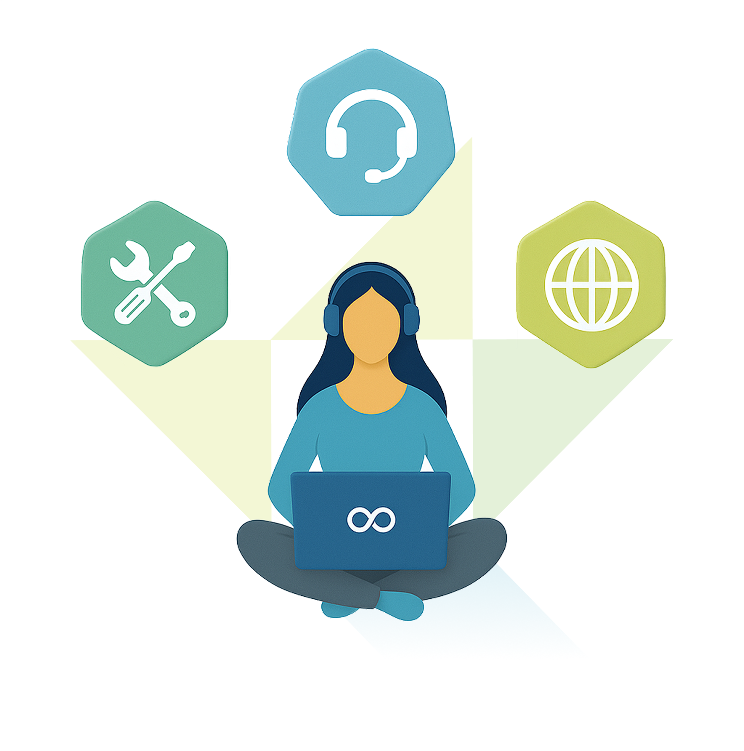 Frame 182 graphic with a devops specialist with icons representing support it and tools around them