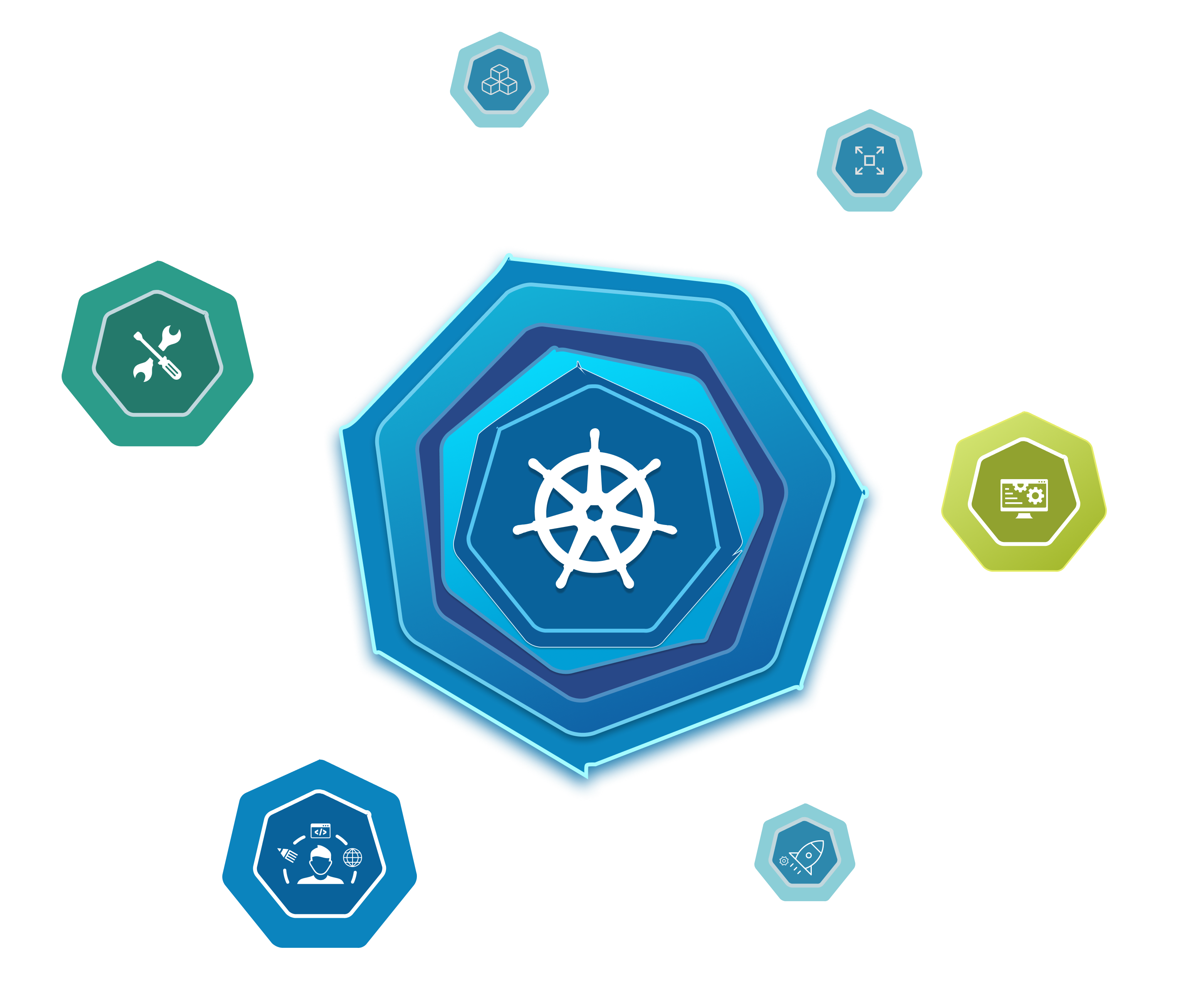 Frame 185 graphic with icons representing kubernetes and components of managed services